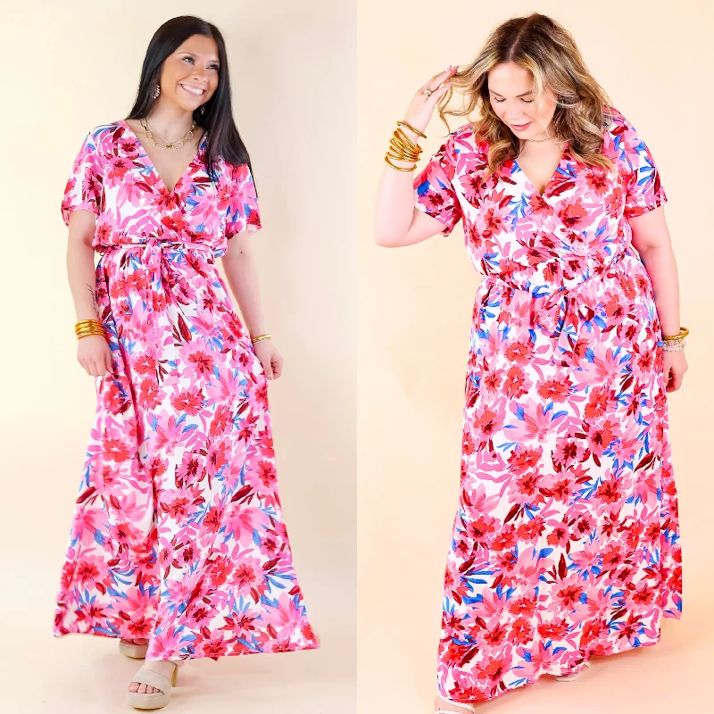 cute maxi dresses for women -Delightful Dip Floral Maxi Dress with Waist Tie in Pink Mix