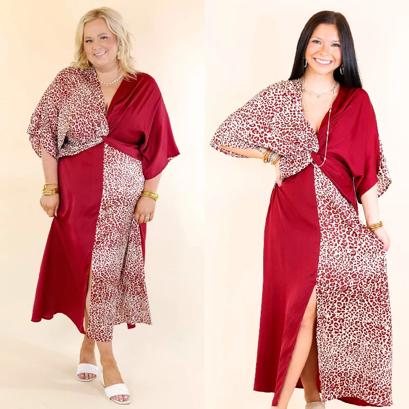 black maxi dresses for summer -Take My Breath Away Front Knot Leopard Print Block Midi Dress in Maroon