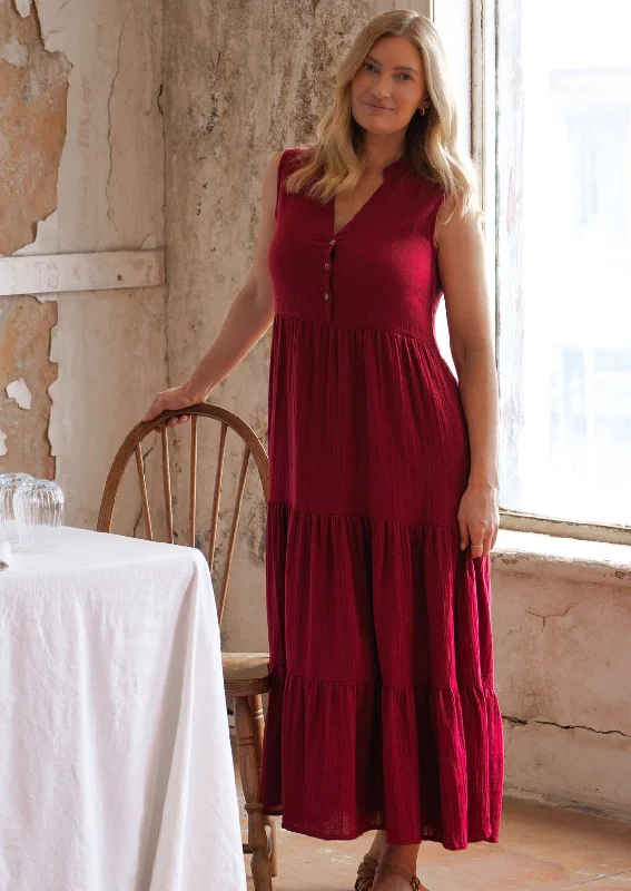 cute maxi dresses for date -Boho Tiered Maxi Dress Tibetan Red