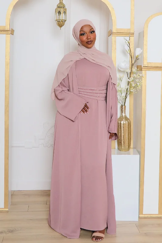 boho maxi dresses for women -Nia Textured Corset Abaya Set- Rose Pink