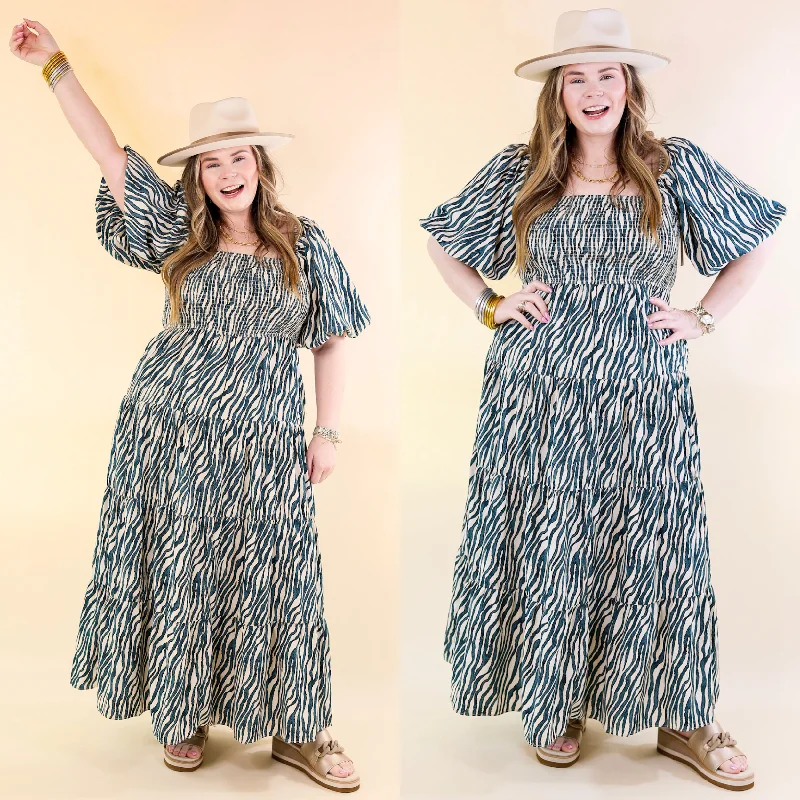 cute maxi dresses for date -Santorini Sunshine Short Balloon Sleeve Zebra Print Maxi Dress in Teal Blue