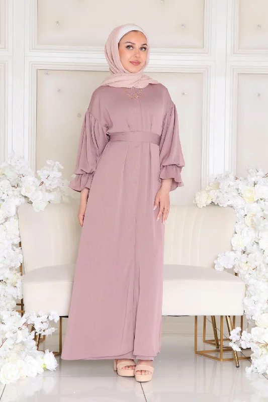 boho maxi dresses for spring -Darya Textured Balloon Sleeve Abaya- Dusty Rose Pink