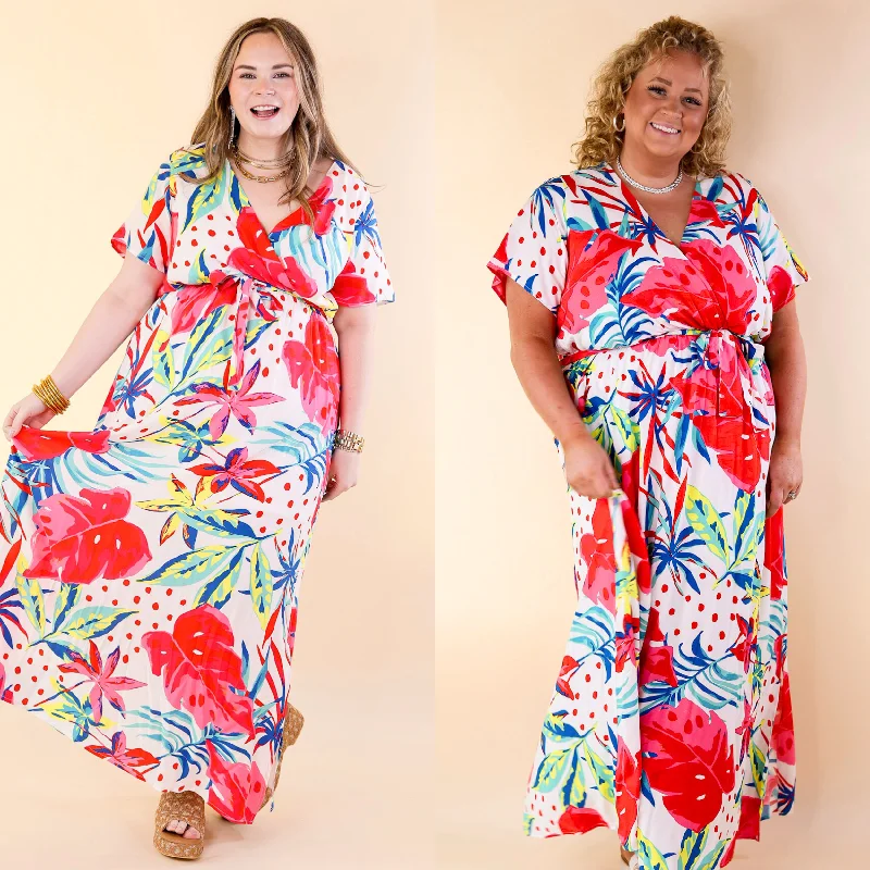 chic maxi dresses for summer -Delightful Dip Tropical Floral Maxi Dress with Waist Tie in White