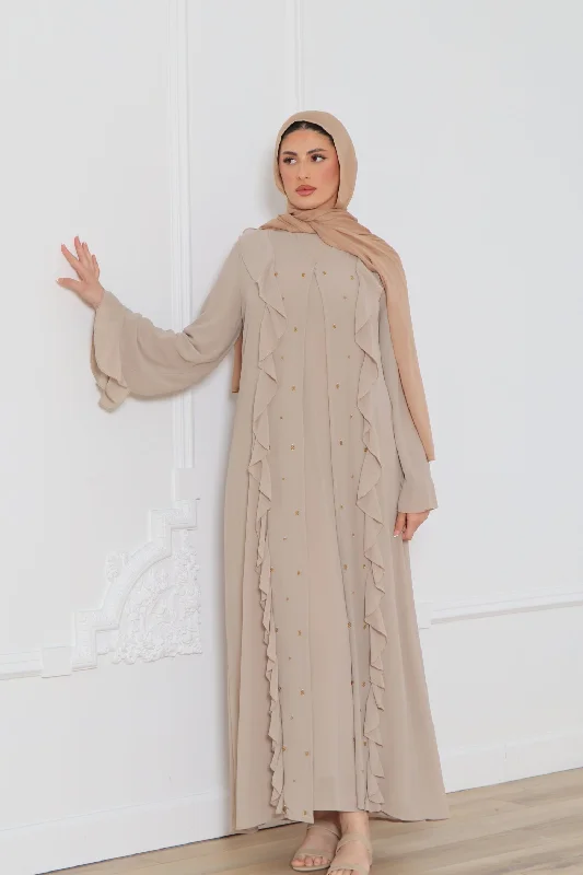 maxi dresses with floral design -Lamya Beaded Chiffon Abaya Set- Sand