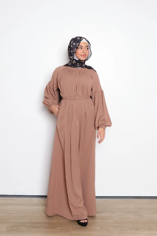 off shoulder maxi dresses elegant -Deluxe Soft Balloon Sleeve Dress- Tan