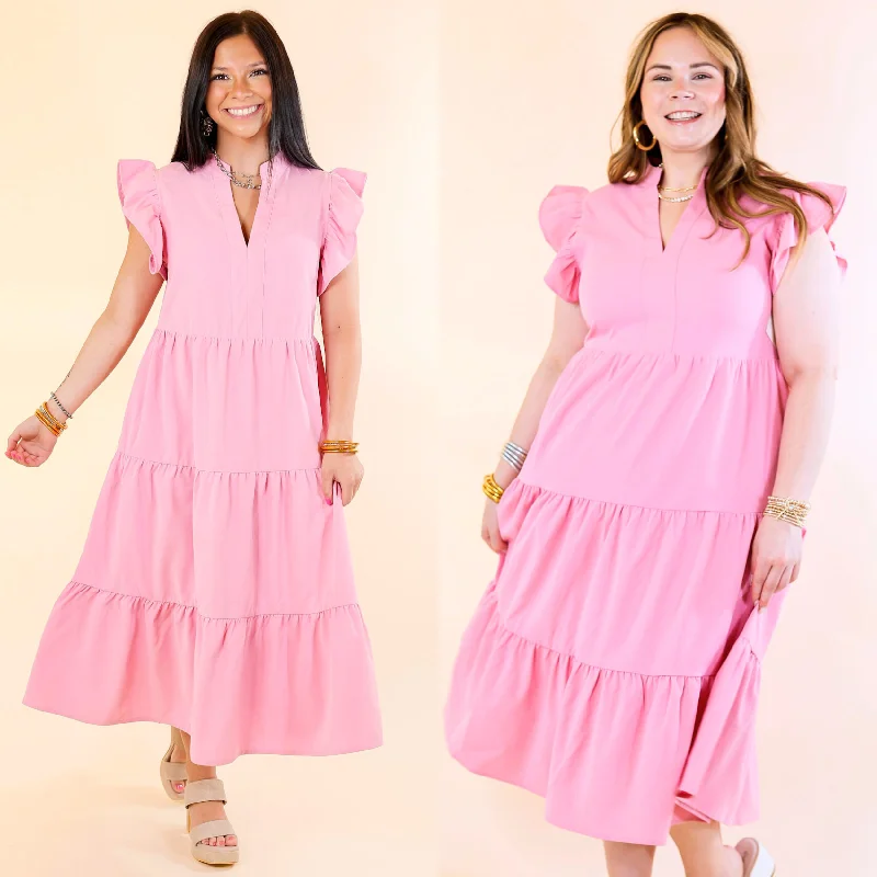 elegant maxi dresses for summer -Magnolia Morning Ruffle Cap Sleeve Tiered Midi Dress in Pink