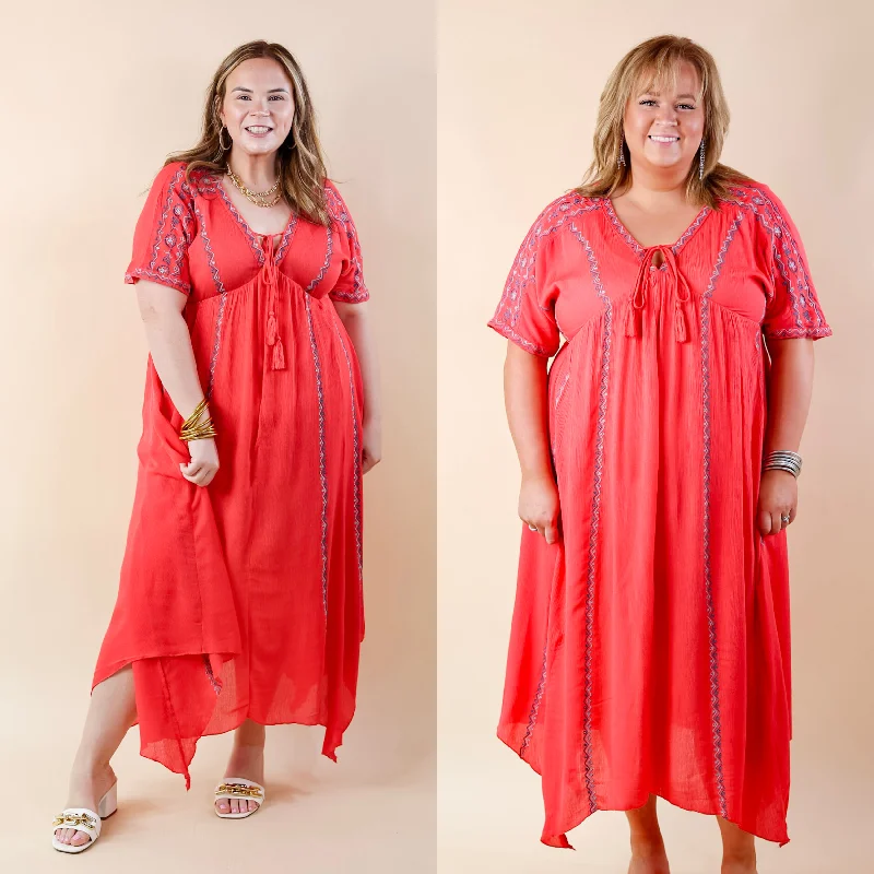 white maxi dresses for club -LAST CHANCE SIZE SMALL & MEDIUM | Just For You Embroidered Maxi Dress with Tassel Tie Neck in Coral