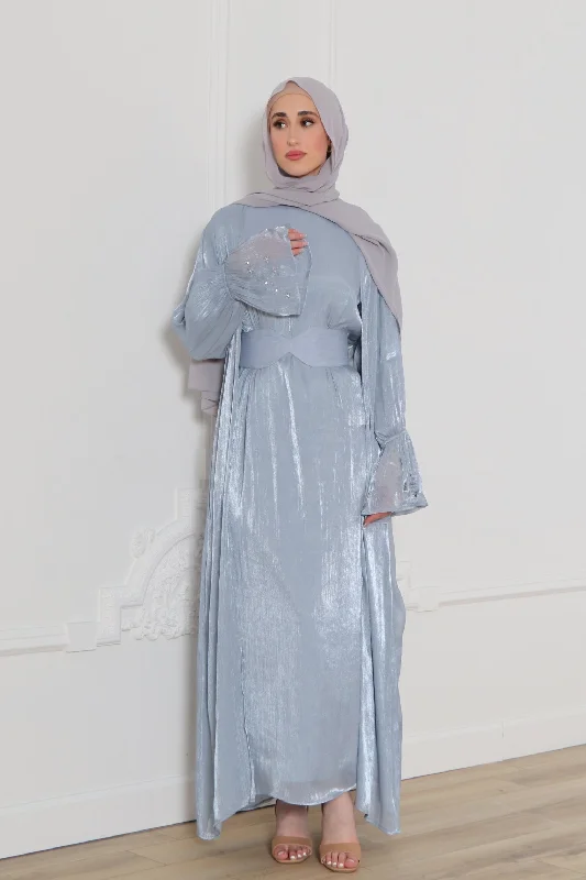 maxi dresses with short sleeves -Safiya Organza Embroidery Set- Blue Gray