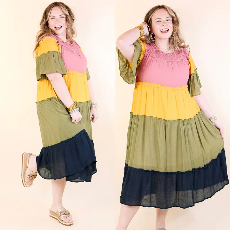 designer maxi dresses on sale -In the Villa Color Block Off the Shoulder Midi Dress in Mustard, Olive, Mauve, and Navy