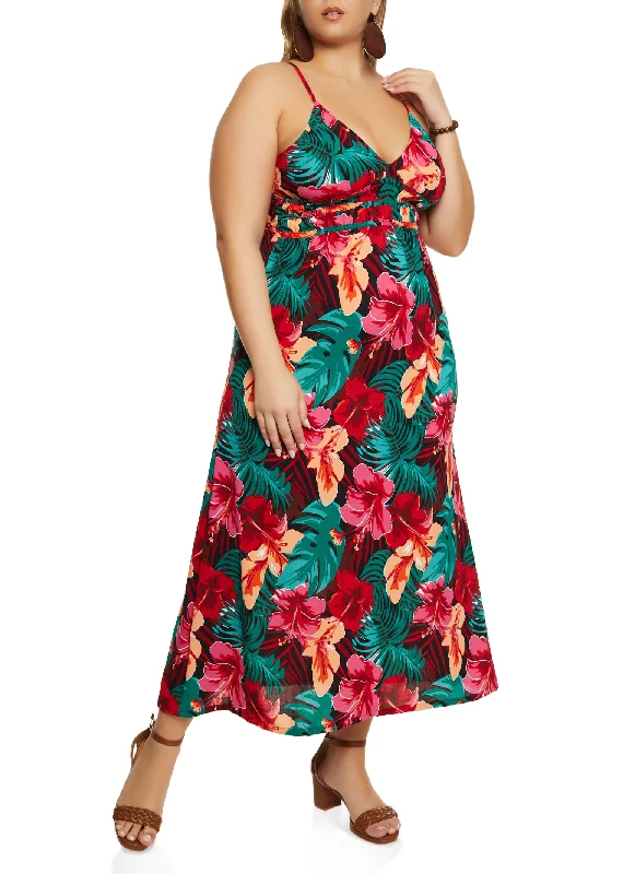 boho maxi dresses for women -Plus Size Floral Print Smocked Cami Maxi Dress