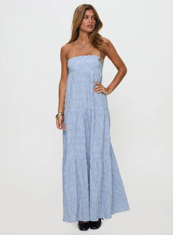 black maxi dresses for teens -Wynnie Strapless Maxi Dress Blue Check