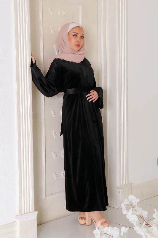 cute maxi dresses for date -Mariah Velvet Open Abaya- Black