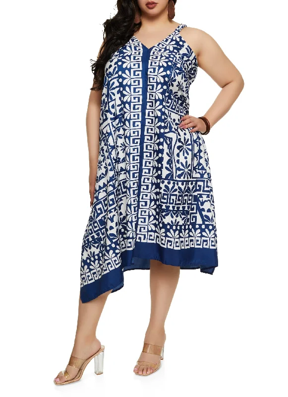 affordable maxi dresses for date -Plus Size Border Print V Neck Maxi Dress