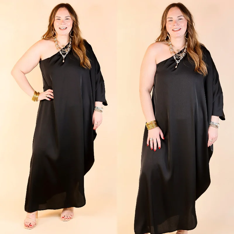 white maxi dresses for party -Sweet Romance One Shoulder Satin Drape Midi Dress in Black