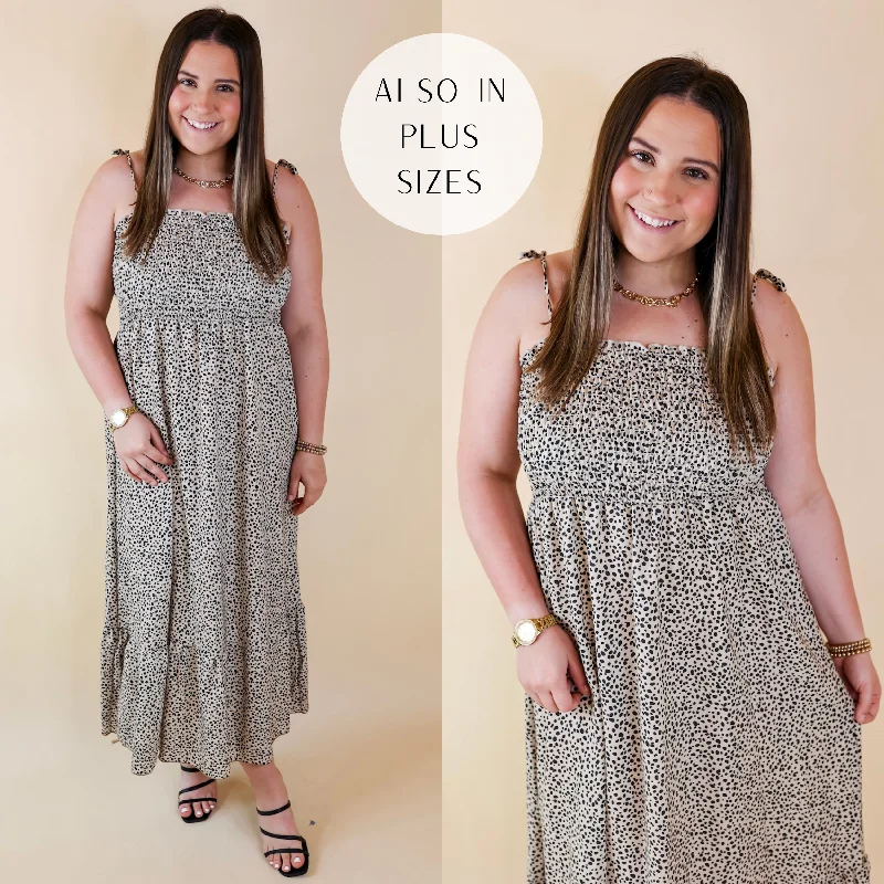 halter maxi dresses for summer -Last Chance Size 2XL | Wild Thoughts Dotted Print Maxi Dress with Spaghetti Straps in Taupe