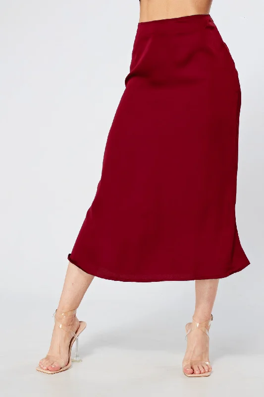 trendy midi dresses for spring -Elisa Deep Red Satin Midi Skirt