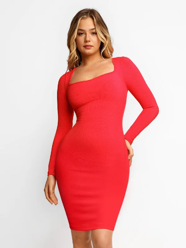 red midi dresses for club -Shapewear Long Sleeve Square Neck Modal Slimming Midi Dress