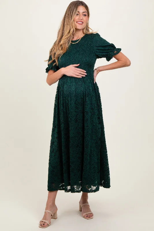 affordable midi dresses for girls -Forest Green Lace Smocked Short Sleeve Maternity Midi Dress