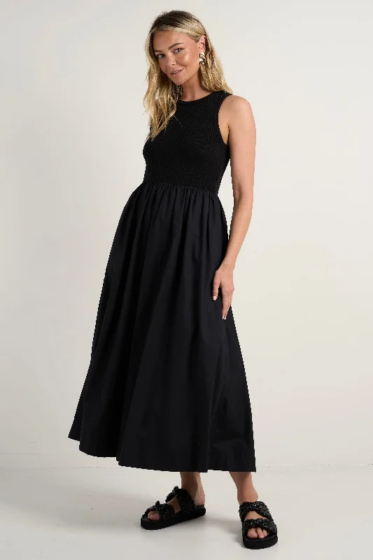 boho midi dresses for party -Indispensable Black Crew Neck Contrast Midi Dress