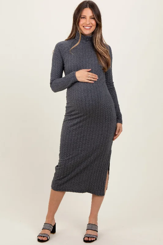 trendy midi dresses for women -Charcoal Cable Knit Turtleneck Maternity Midi Sweater Dress