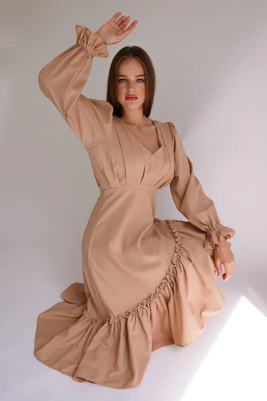 affordable midi dresses for teens -Lira Nude Linen Midi Dress