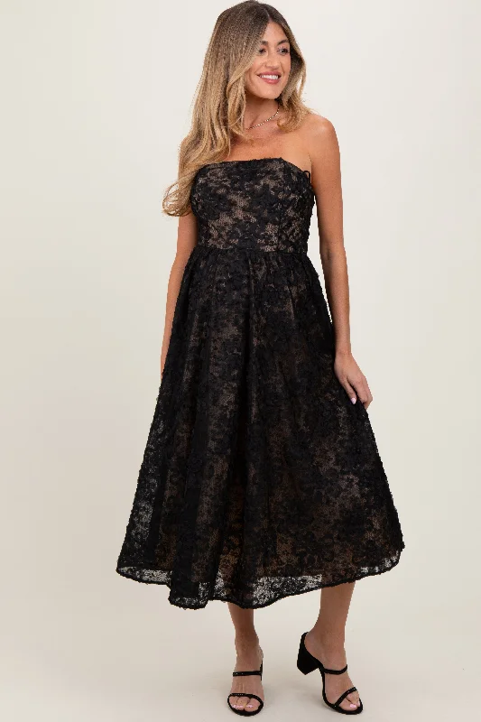 trendy midi dresses for spring -Black Floral Lace Embroidered Overlay Strapless Maternity Midi Dress