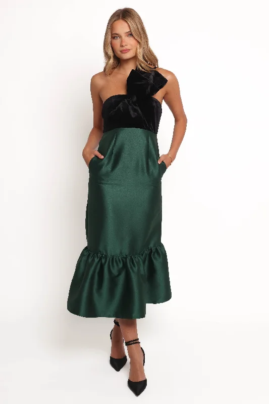 cute midi dresses for women -Amelie Bow Front One Shoulder Midi Dress - Black/Emerald