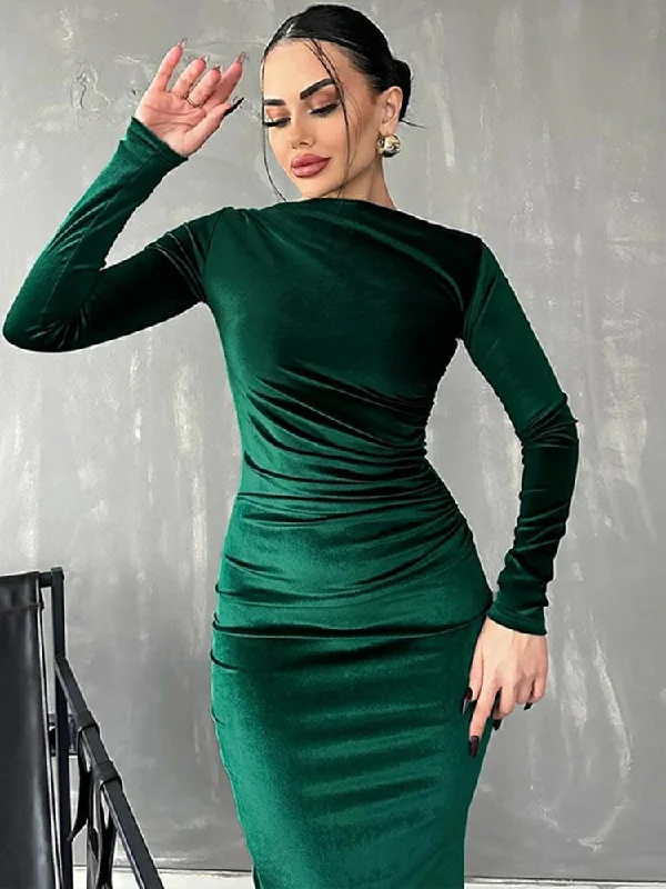 midi dresses for casual outings -Velvet Long Sleeve Midi Dress - Elegant Party Clothes for Christmas Party