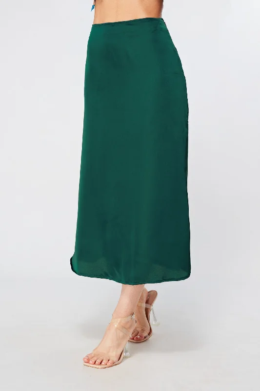 boho midi dresses for club -Elisa Dark Green Satin Midi Skirt