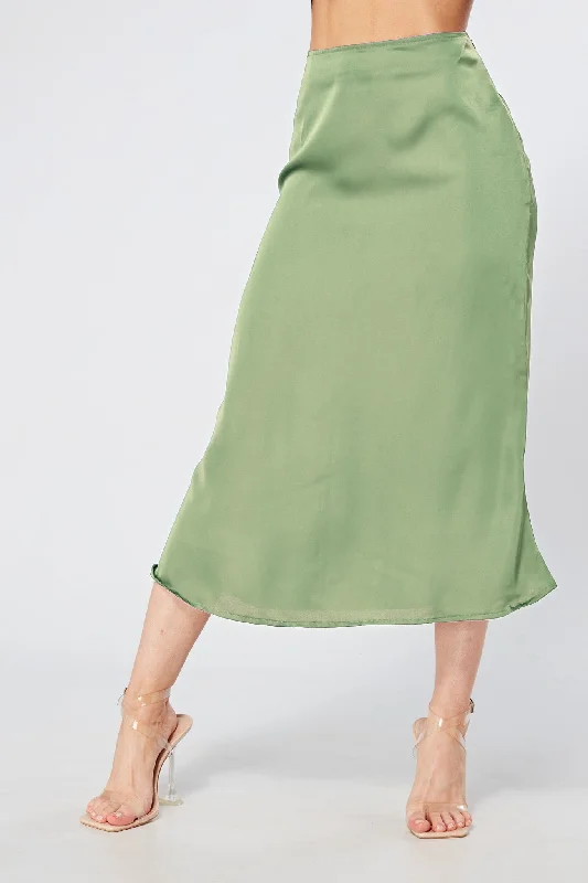 trendy midi dresses for women -Elisa Olive Satin Midi Skirt