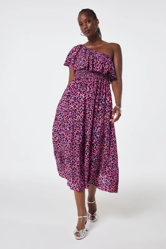 cute midi dresses for summer -Pink With Lilac And Black Layered Leopard One Shoulder Tiered Textured Midi Dress