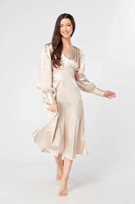 long sleeve midi dresses winter -Gabriella Cream Satin Midi Dress