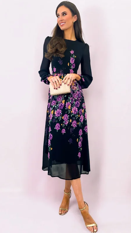 chic midi dresses for events -5-A1963 Malliah Black Floral Midi Dress