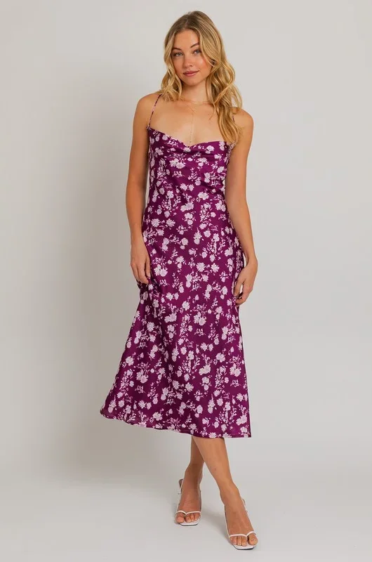 midi dresses with floral lace -Purple Floral Satin Midi Dress