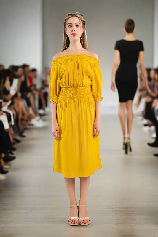 casual midi dresses for date -Off-the-shoulder midi dress-Yellow  color