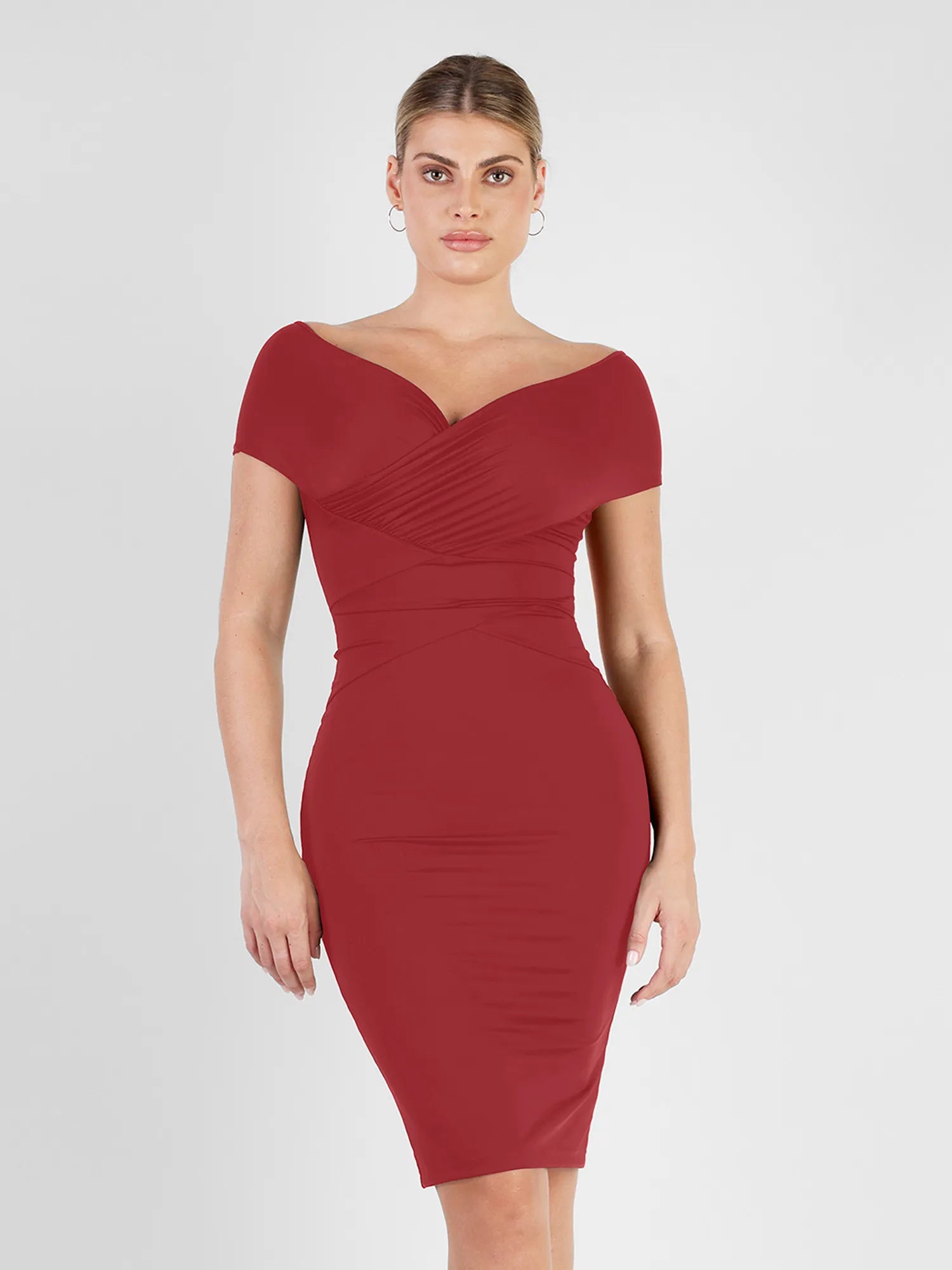 affordable midi dresses for summer -Shapewear Ruched Off-Shoulder Sculpting Midi Dress