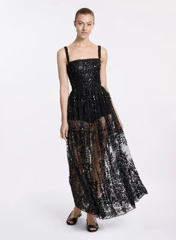 boho midi dresses with fringe -Embroidered Lace Midi Dress