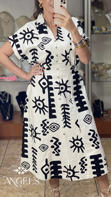 affordable midi dresses for girls -Cream/Black Abstract Print Midi Dress