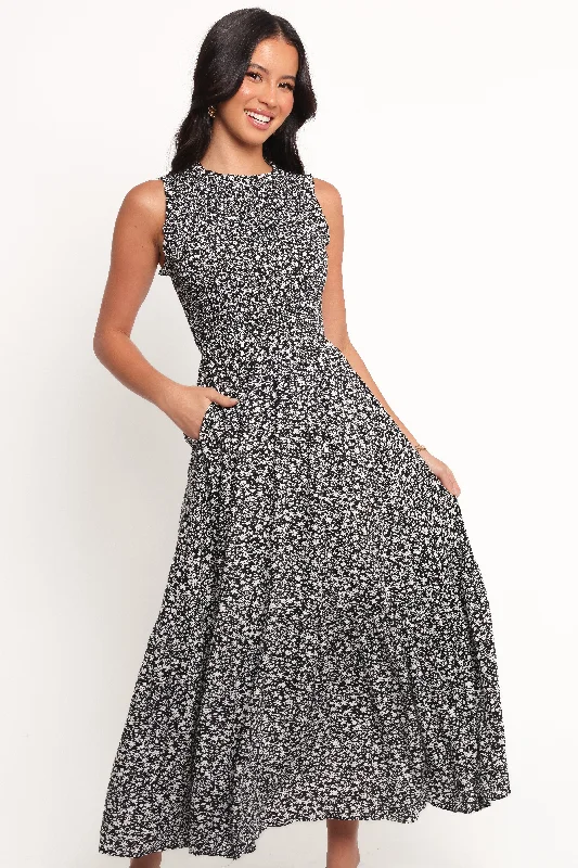 chic midi dresses for events -Agatha Midi Dress - Black Floral