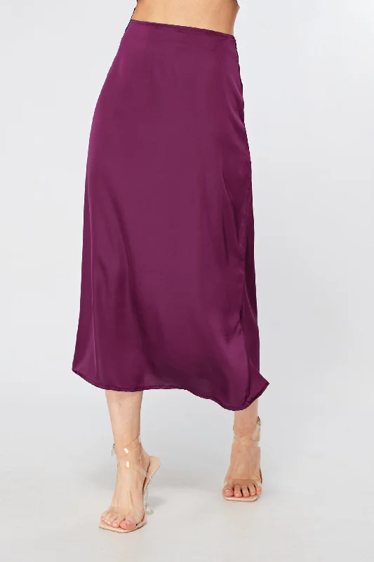 midi dresses with unique colors -Elisa Plum Satin Midi Skirt