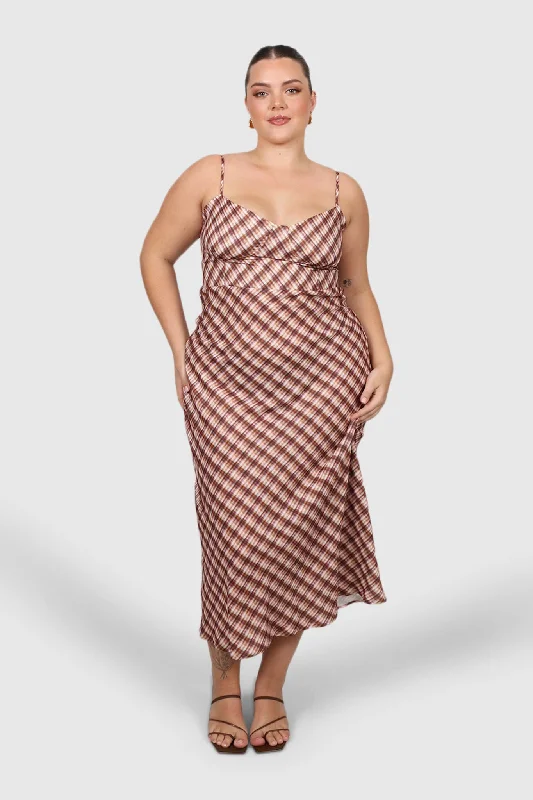 elegant midi dresses for party -MARGOT SLIP MIDI DRESS BROWN CHECK