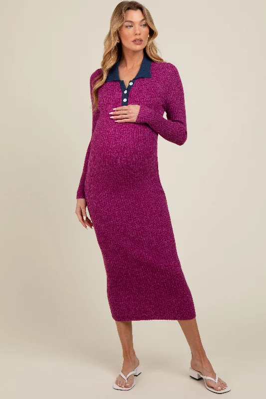 black midi dresses for club -Magenta Collared Button Front Long Sleeve Maternity Midi Sweater Dress