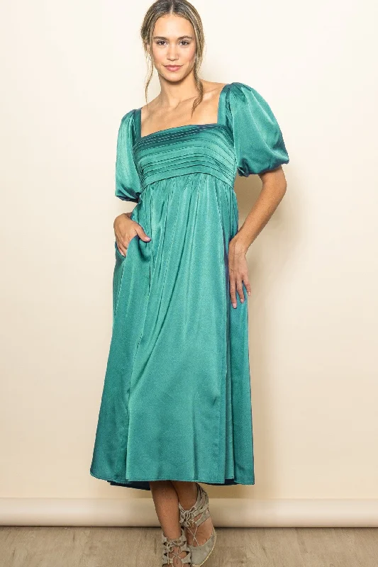 cute midi dresses for date -Emerald Green Satin Pleated Bodice Puff Sleeve Midi Dress