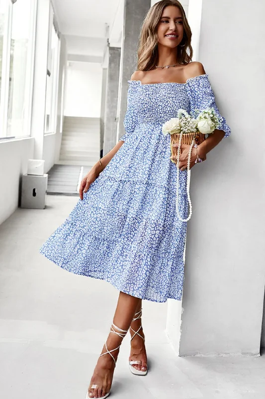 boho midi dresses for date -Off-Shoulder Smocked Midi Dress