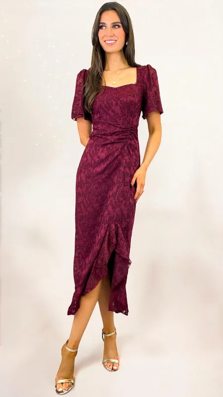 red midi dresses for nightlife -A2049 Heidi Floral Burnout Midi Dress Wine