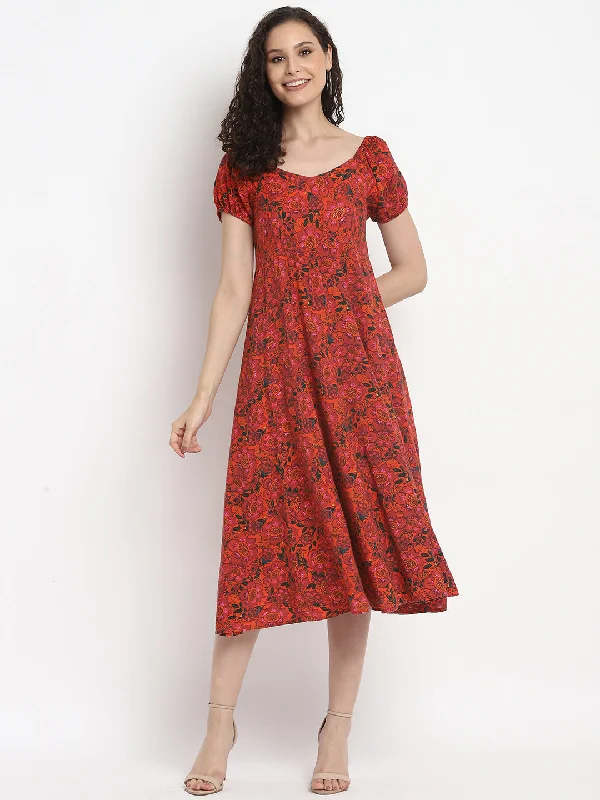 white midi dresses for club -Porsorte Womens Floral Print Red Puff Sleeve Midi Dress