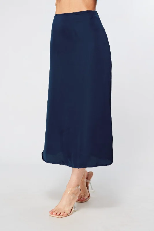 red midi dresses for women -Elisa Navy Satin Midi Skirt