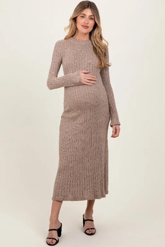 trendy midi dresses for spring -Light Mocha Ribbed Knit Maternity Midi Sweater Dress