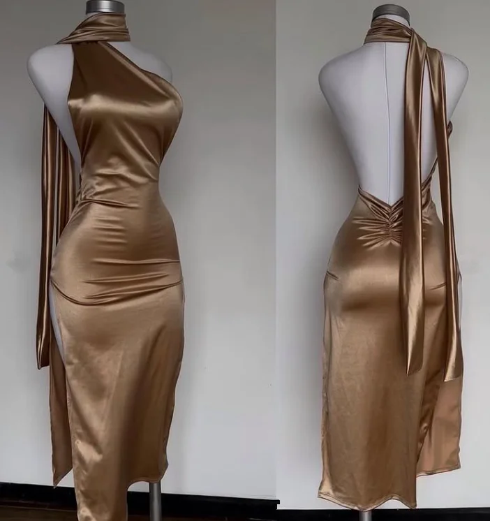 chic midi dresses for party -Charming Gold Halter Sheath Satin Midi Length Evening Party Dress DP3938