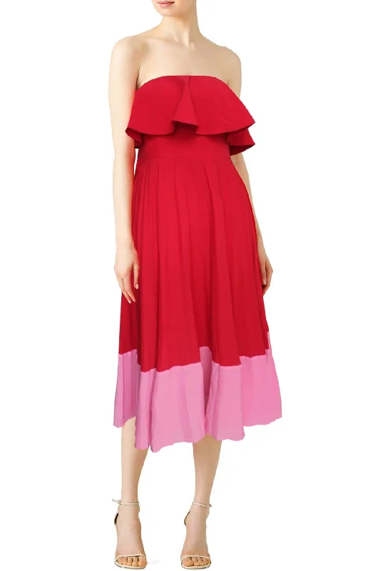 chic midi dresses for nightlife -Strapless Colorblock Popover Midi Dress with Pleated Skirt